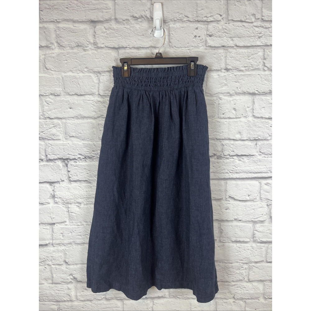 Garnett Hill Smocked Linen Blue Lightweight Midi Skirt Size Small Minimalist - Picture 1 of 7
